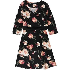 Homeyee Womens V-Neck Floral Print A-line Dress, Black, NWT